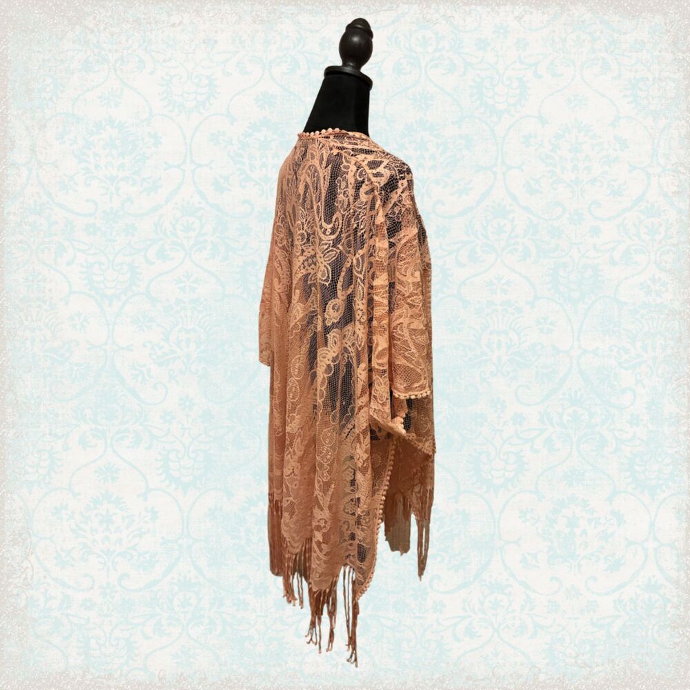 Mixit Women's Blush Pink Lace Fringe Kimono OS - Picture 2 of 6
